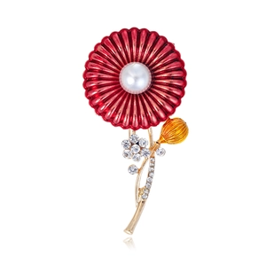 Red Flower Daisy Brooch Pin Zinc Alloy Enamel With Imitation Artificial Pearl And Rhinestone Elegant Floral Corsage For Women