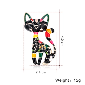 Artistic colorful enamel cat brooch with gold floral patterns and multi-color stripes