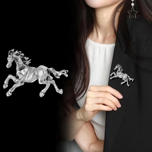 Polished silver horse brooch for men suits, featuring a running stallion design detail
