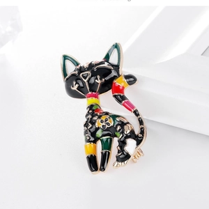 Colorful enamel cat brooch with geometric patterns and gold plated alloy edges