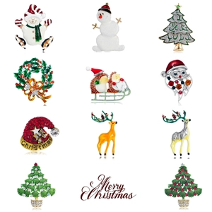Festive Christmas Brooch Collection Zinc Alloy Enamel Rhinestone Santa Claus Reindeer Xmas Tree Snowman Brooch For Party Gift