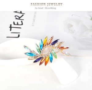 Vue macro d'une broche en cristal multicolore avec base en métal doré et strass brillants.