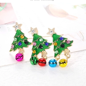 Green enamel Christmas tree brooch with colorful rhinestones and hanging bells on gold base