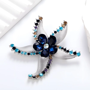 Dettaglio spilla a stella marina con fiore in cristallo blu e strass colorati su blocchi