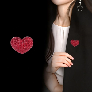 Romantic red heart brooch with full rhinestones on black background and model view