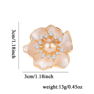 Elegant camellia flower brooch with pink petals, large pearl center and zircon accents