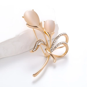 Élégante Broche Fleur de Tulipe pour Femme en Alliage Pierre d'Oeil de Chat Strass Bouquet Corsage Bijoux Cadeau