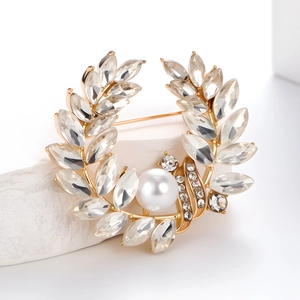 Broche Élégante de Luxe en Künstliche Perle et Épi de Blé pour Femme Or Alliage Strass Couronne de Laurier Banquet Mariage Bijoux