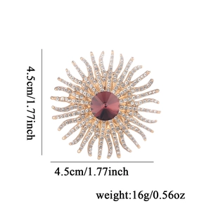 Broche fleur solaire dorée avec cristal rouge et strass, accessoire élégant de 4,5 cm
