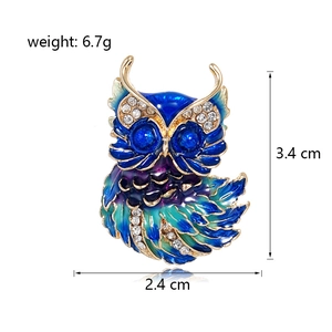 Colorful enamel owl brooch with rhinestones and dimensions shown in center view