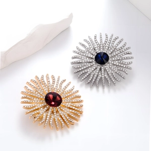 Broches tournesol élégantes avec strass et pierres rouge et bleu en finitions or et argent