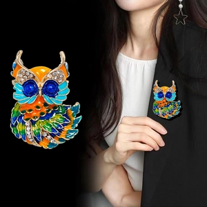 Detailed macro view and model wearing a colorful enamel owl brooch with rhinestones