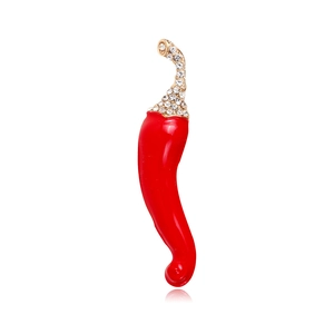 Red enamel chili pepper brooch with gold-plated leaf and sparkling rhinestones
