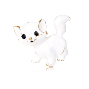 Mignonne broche chat en émail blanc avec détails dorés et yeux en strass noir pour femme