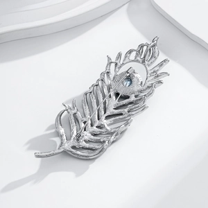 Elegant silver feather brooch with blue crystal accent for women's suit accessories