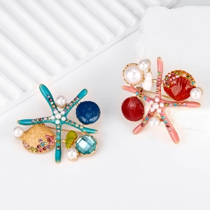 Ocean Starfish Shell Enamel Brooch For Women Alloy Rhinestone Artificial Pearl Marine Life Fashion Jewelry Creative Accessory Suit Pin