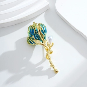 Elegant floral enamel brooch with green gradient petals and a water-drop pearl