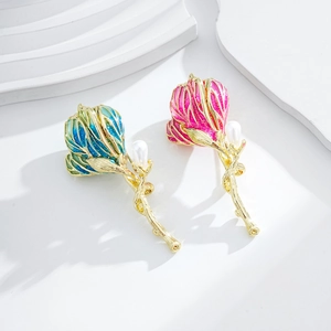 Elegant tulip flower brooches with enamel petals and white pearls on gold-plated base