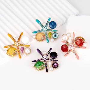Enamel starfish and shell brooches set with rhinestones and pearls for women