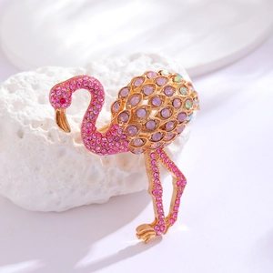 Exquisito broche de flamenco con cristales rosas y aleación dorada para mujer moda