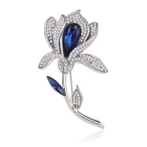 Exquise Broche Tulipe Élégante Française en Alliage de Zinc Strass Verre Fleur de Magnolia Épingle Bleu Argent Bijoux pour Femmes