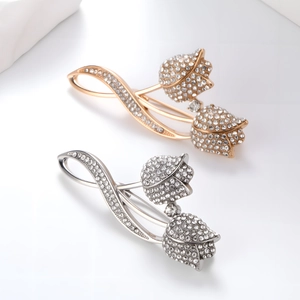 Broches tulipes élégantes en or et argent avec cristaux scintillants pour femmes