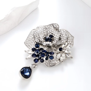 Exquisite Alloy Rose Flower Brooch Pin For Women Silver Plated With Blue Rhinestone Crystal Water Drop Pendant Elegant Jewelry