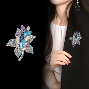 Elegant floral bouquet brooch with multicolor crystals and silver base for women's coats