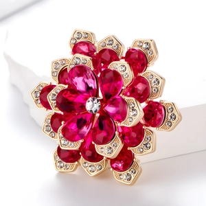 Elegant gold flower brooch with deep pink crystals and rhinestones for coats
