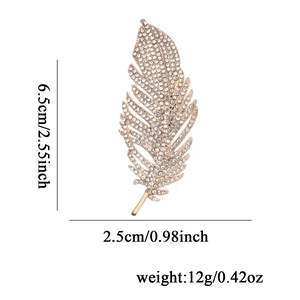 Elegant gold feather brooch with white rhinestones, size 6.5cm by 2.5cm, stylish suit accessory