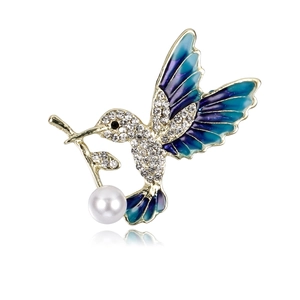 Elegant Enamel Hummingbird Brooch For Women Alloy Rhinestone Gradient Bird Pin With Faux Artificial Pearl Vintage Jewelry For Suits Dress