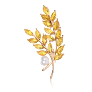 Elegant Wheat Ear Alloy Brooch With Faux Artificial Pearl And Rhinestones Vintage Leaf Pin For Women Suit Wedding Jewelry Accessory