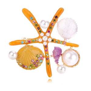 Sea Life Starfish Shell Brooch Alloy Enamel Colorful Rhinestone Imitation Artificial Pearl Pin Jewelry For Women