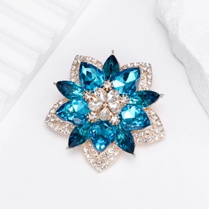 Elegant gold flower brooch with navy blue crystals and sparkling rhinestones for women
