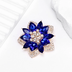 Elegant blue floral crystal brooch with gold alloy base for women in stylish design