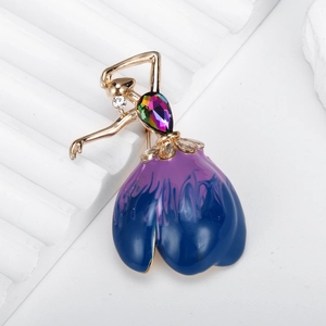 Elegant ballerina brooch with colorful gemstone and purple-blue gradient enamel dress