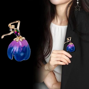 Elegant ballerina dancer brooch with colorful enamel petals and gold plated alloy base
