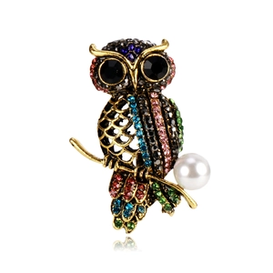 Broche de Búho Vintage de Aleación con Incrustaciones de Diamantes de Imitación y Perla Artificial Falsa Elegantes Broches Retro para Trajes Mujer Joyería