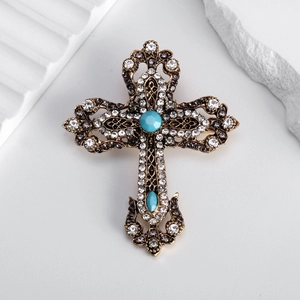 Spilla a Croce Gotica Vintage per Uomo Donna in Lega Oro Antico Incastonata con Strass Turchese Sintetico Spilla per Abito