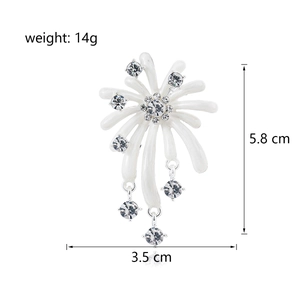 Eleganter weißer Emaille-Feuerwerk-Brosche mit Strasssteinen und Quasten, 5,8 cm hoch