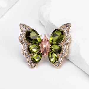 Broche papillon élégante en alliage doré avec cristaux vert olive et strass brillants