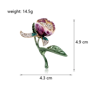 Spilla tulipano in smalto viola con strass, dimensioni 4,9 cm per 4,3 cm