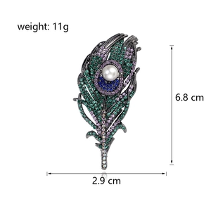 Elegant peacock feather brooch with crystals and pearl, 6.8cm height luxury suit pin