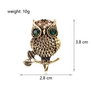 Vintage gold owl brooch with green gem eyes and crystals on branch 3.8x2.8cm