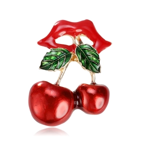 Creative Cherry Red Lips Brooch Zinc Alloy Drip Oil Enamel Pin Fashion Fruit Lapel Pin For Women Pop Art Clothing Jewelry Gift
