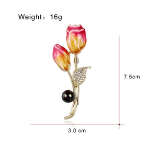 Vintage tulip brooch with red-yellow enamel buds and rhinestones, 7.5cm x 3.0cm size