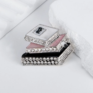 Creative three-book stack brooch with colorful drip oil finish and sparkling rhinestones