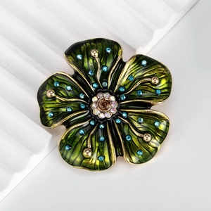 Broche Fleur en Alliage Émail Vert Vintage Avec Strass pour Femme Manteau Pull Robe Banquet Fête Bijoux de Mode