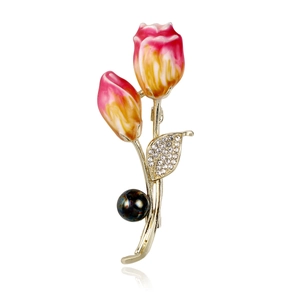Elegant Tulip Flower Brooch Pin Alloy Enamel Gradient Rhinestone Inlaid Faux Black Artificial Pearl Decorative Apparel Accessory For Women
