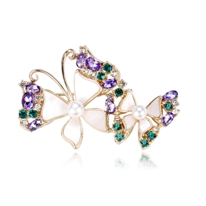 Squisita Spilla a Doppia Farfalla Con Künstliche Perle Sintetiche e Strass Viola Verde Lega Placcata Oro Spilla per Donna Gioielli